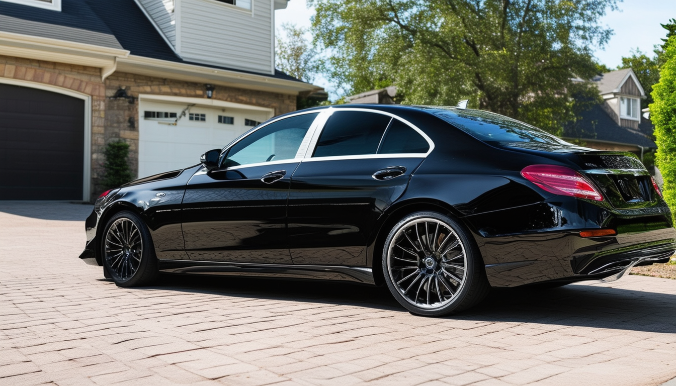 A sleek, freshly detailed car parked in a resident